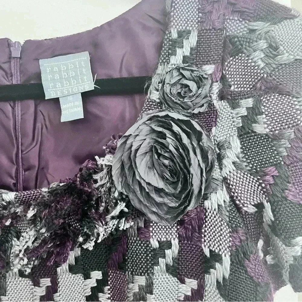 RABBIT RABBIT RABBIT purple grey black plaid fringe tweed knee length dress 10 - Picture 8 of 9